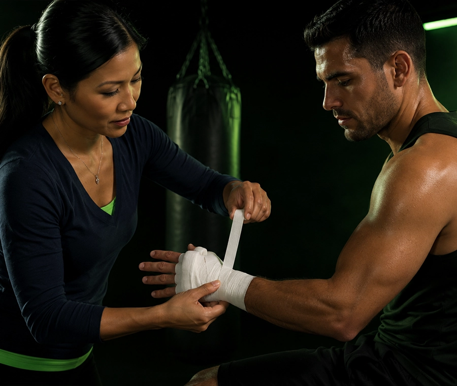 Vendaje con tela adhesiva deportiva en articulación de deportista de box