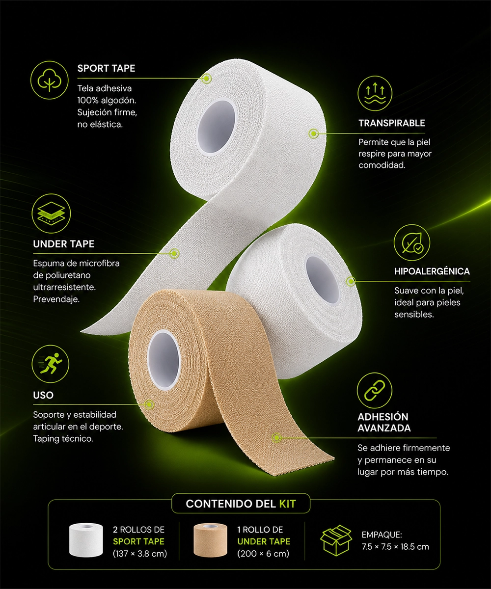 Infografía de especificaciones de tela adhesiva deportiva Go Plus