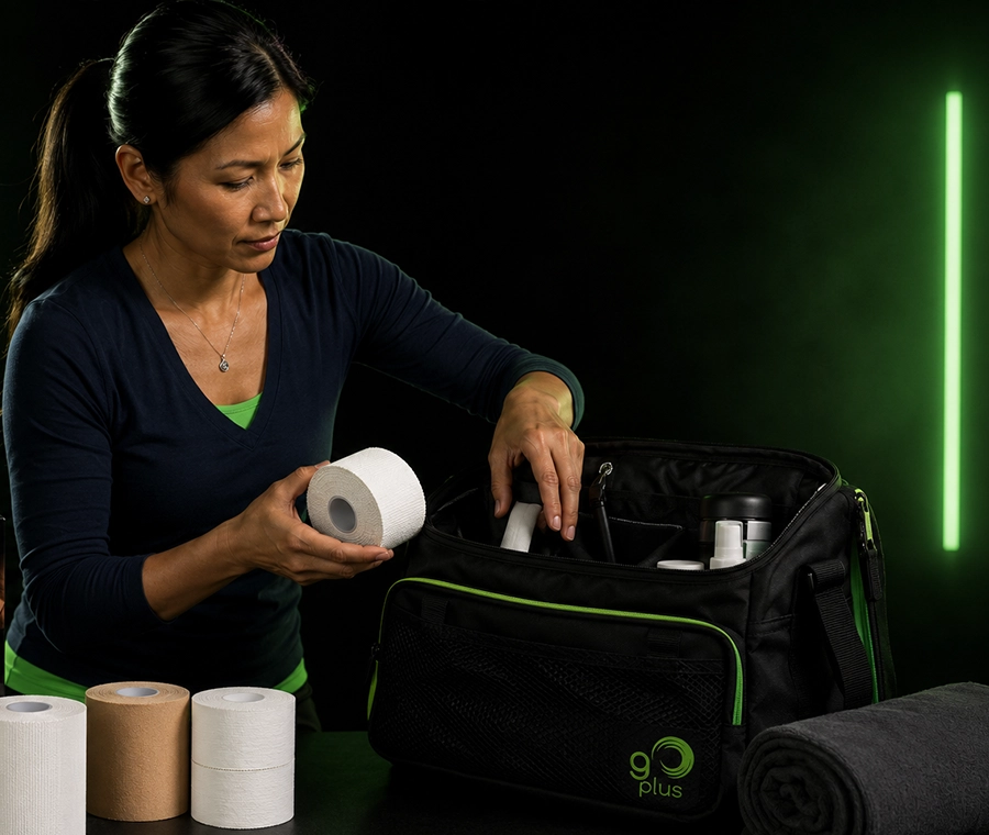 Fisioterapeuta y entrenador realizando vendaje técnico con tela adhesiva deportiva Go Plus